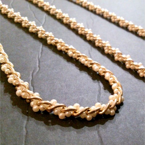 Vintage Faux Pearl Gold Chain Woven Two Necklaces One Bracelet Set Demi Parure - Picture 4 of 5